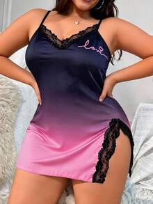 Camisole de nuit sexy en dentelle grande taille, design imprimé unique, convient pour le printemps et l'été, robe camisole grande taille à col en V avec fente latérale à l'ourlet - Multicolore - Voir 4