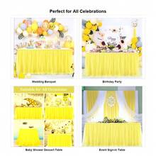 1pc Yellow Sheer Ruffle + Lining Table Skirt, Suitable For Rectangular And Round Dining Tables - Perfect For Birthday Parties, Weddings, Bridal Showers, Cake Tables, And All Celebration Events - Yellow - View 3