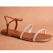 Sandália Feminina Casual Rasteira Tiras Finas Bico Quadrado Elegante Leve Confortável Moda Feminina - Marrom - Visão 10