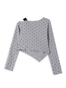 Women's Gray Polka Dot Asymmetrical Neckline Crop Top With Black Bow Decor, Random Patchwork - Grey - View 6