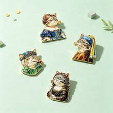 1pc Famous Painting Cat Enamel Pin, Mona Lisa Girl With A Pearl Earring Renaissance Kitten Gold Trim Lapel Pin, Metal Pin For Jackets Bags, Art Cat - Multicolor - View 10