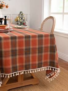 1pc Vintage Christmas Plaid Tassel Rectangular Tablecloth, Multiple Colors Available, Suitable For Holiday Home Party, Christmas Party, Homestay Decor, Restaurant Living Room, Fits Various Dining Tables - Orange - View 2