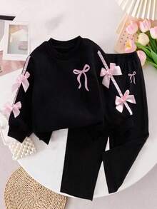 Young Girl Ribbon Bow Decor Round Neck Long Sleeve Top And Long Pants - Black - View 1