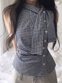 Korean Style Retro Plaid Bow Tie Cinched Waist Pleated Design Sleeveless Tank Top Casual Summer - Blue - View 2