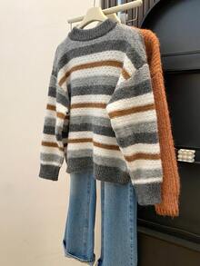 Women's Colorblock Striped Cardigan, Round Neck Button Sweater Top, Suitable For Halloween, Thanksgiving And Christmas Outfits - Grey - View 10