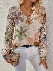 Women V Neck Hollow Out Knit Sweater Large Floral Print Long Sleeve Loose Fit Pullover Tops, Casual Daily Wear,Fall Clothes For Women,Vacation Outfits - Khaki - View 2