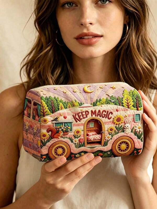 New 2D "KEEP MAGIC" Bus & Forest Pattern Quilted Cosmetic Bag, Lightweight & Portable, Stackable Storage; Made Of Breathable Mesh & Washable Lining; Suitable For Storing Makeup Brushes, Lipsticks, Skincare Bottles, Jewelry, Etc., Meeting Daily Organization, Overnight Travel, Vacation & Gym Storage Needs; Ideal Choice For Travel Enthusiasts, Helping You Organize Small Items Neatly And Conveniently