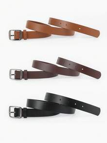 3pcs Gun Black Square Buckle Fashion Decorative Versatile PU Belt Set Suitable For Daily Use - Multicolor - View 3