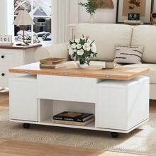 Height-Adjustable Coffee Table, 3-In-1 Multifunctional Table, Living Room Table With Storage, Convertible To Living Room Dining Table, Work Table With Wheels And 4 Stools, 100x50x48 Cm, White + Wood Tone - 自然色 - 查看 4