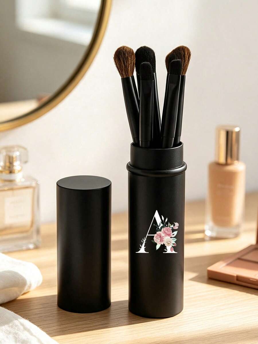 5pcs Portable Long Handle Eye Makeup Brush Set With Cylindrical Dust-Proof Storage Tube, Includes Detail Brush, Black Long Handle Eyeshadow Blending Brush, Angled Brow Brush And Fine Eyeliner Brush, Covering Eyeshadow Blending, Brow Filling And Precise Eyeliner Drawing Functions - Multicolor - View 1