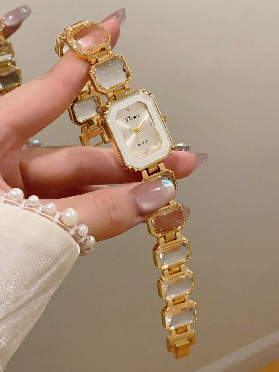 1件女款金色合金不對稱手鍊手錶，時尚阿拉伯數字錶盤，石英機芯，可調節錶帶，適合日常裝飾 - 白色 - 查看 1