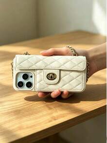 1pc Luxury Fragrance Style Quilted Chain Lock Card Holder Crossbody Phone Case, Premium Wool Pattern Quilted Microfiber Leather, Crossbody Leather Chain Coin Card Wallet Portable Protective Shell Suitable For Women Compatible With Apple/ Galaxy S24 Ultra 17 Pro Max/16 Pro Max/12 Pro/13/14 Plus/15 Pro Max/18/18 Pro Max - Beige - View 4