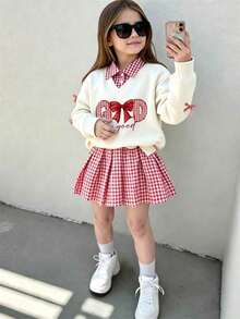 Young Girl Bow Print 2 In 1 Long Sleeve Top And Plaid Skirt - Apricot - View 7