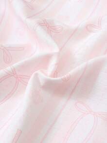 2pcs/Set Women's Comfortable Striped Bow Print Short Sleeve Lapel Top And Bow Shorts Pajama Set, Spring/Summer - Pink - View 7