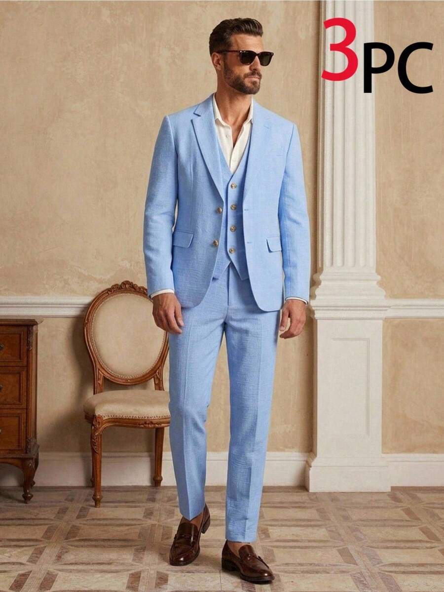 HIMLAND 3-teiliges Slim-Fit-Freizeitanzug-Westen-Set für Herren, geeignet für Frühling und Herbst, Bürokleidung, Urlaub, Vatertagsgeschenke - Blaublau - Übersicht 1