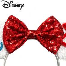 1pc Disney Minnie Ears Headband, White Sequin Ears With Red Bow And Character Decoration, Shiny Hair Accessory For Theme Park Enthusiasts - View 5