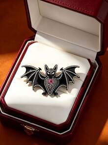 Black Enamel Rhinestone Bat Brooch, Gothic Halloween Lapel Pin, Dark Style Animal Women's Accessory - Black - View 5