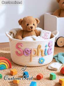 Personalized Woven Storage Basket, Customizable Name - Embroidered Rope Woven Storage Rack, Suitable For Home Decor - Multicolor - View 2