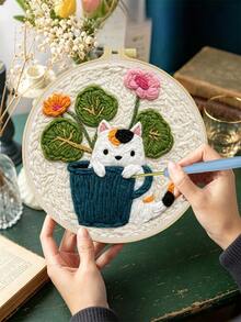 DIY 初學者衝花針刺繡套件:包含針、線、說明書、繡框、印有貓咪與植物圖案的預印布料。創意手工牆飾或禮物。2D 平面衝花針套件。入門/趣味/放鬆套件。20x20cm (7.87x7.87 英吋)。 - A - 查看 8