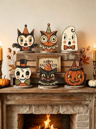 1Pc Vintage Cartoon Multicolor Halloween Wooden Tabletop Figurine, Solid Wood Freestanding Decor Sign, Home Decor Living Room Ornament, Living Room Decorative Items For Mantel, Party Table, Creative Gifts For Men, Scene Layout Supplies For Halloween