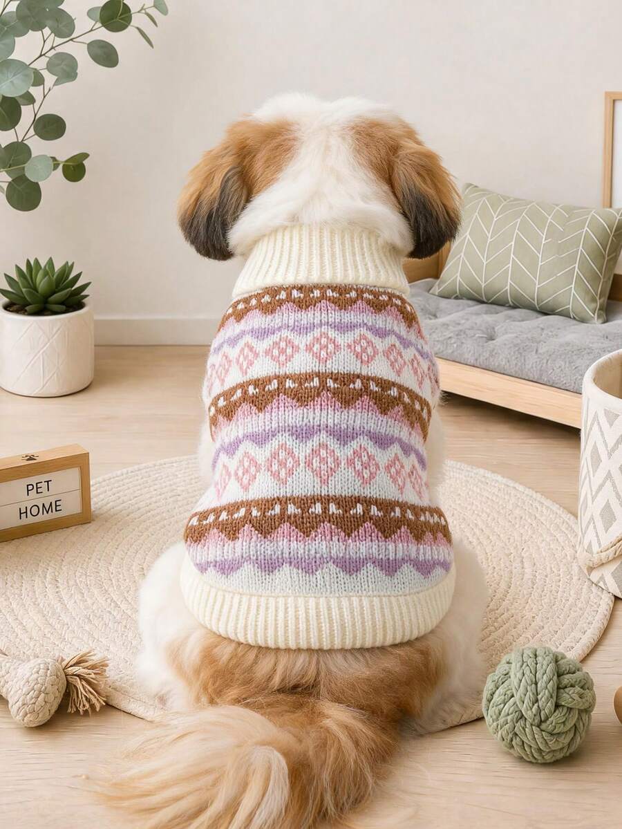 PETCIRCLE 1件裝寵物衣服 小狗幼犬貓咪適用 可愛簡約百搭輕量透氣防風保暖費爾島圖案毛衣 紫色菱格紋 - 彩色 - 查看 1