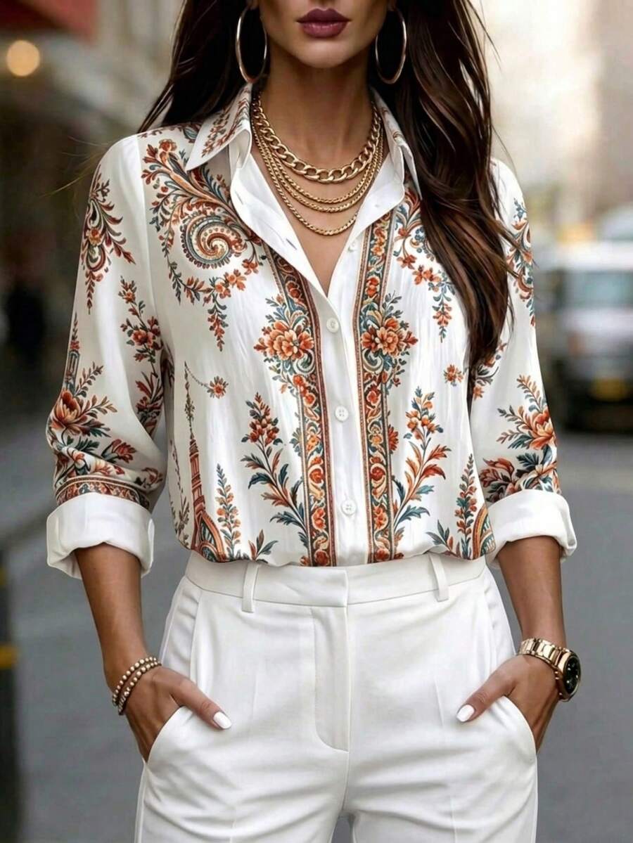 Women's White Bohemian Print Long Sleeve Button-Up Shirt Collar Top - Color - View 1