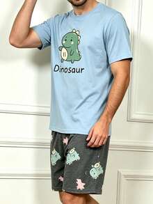 Men's Summer Cartoon Dinosaur Print Short Sleeve & Shorts Pajama Set - Multicolor - View 3