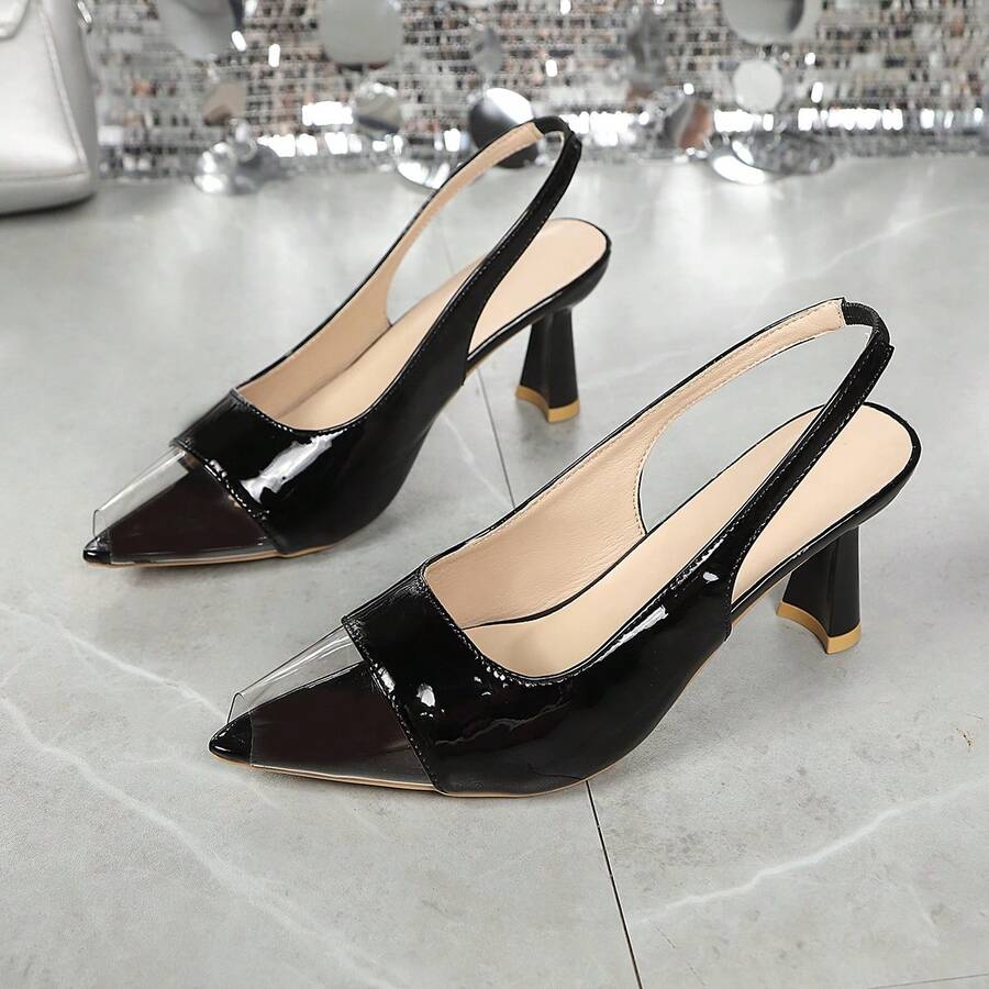Women's New Black Patent Leather Transparent Patchwork Pointed Toe Slingback Chunky High Heel Pumps, Sexy Elegant Commuter Closed Toe Sandals - Black - View 1