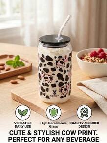 Meoky 16oz Glass Cup, Cow Print, High Borosilicate Glass Jar-Shaped Cup. Multi-Functional Kitchenware, Suitable For Home Hospitality, School Lunch Box And Office Coffee. Charming Everyday Cup And Party Favor. - Black Lid Black and White Cow - View 9