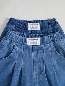 Girls' Denim Jeans Spring/Autumn New Casual Cute Light Blue & Mid Blue 2-Pack, Dual-Color Washed Effect, Elastic Waist With Decorative Double Buttons, Loose Cocoon Fit, Lightweight Soft Premium Cotton Denim Fabric - Multicolor - View 3