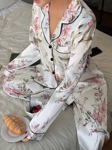 Dreamivo 2pcs/Set Women's White Floral Long Sleeve Long Pants Pajama Loungewear Set - White - View 5