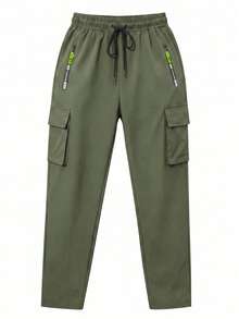 Women's Spring/Autumn Solid Color Multi-Pocket Cargo Pants, Straight Leg Zipper Outdoor Sports Long Pants - Army Green - View 4