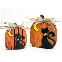 1/2pcs 3D Wooden Pumpkin & Black Cat Figurine Set, Vintage Halloween Desktop Decor, Freestanding Pumpkin Cat With Burlap Bow, Suitable For Tiered Tray, Fireplace Mantel, Indoor Home Party Decoration - Multicolor - View 14