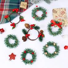 Christmas Red Berry Pine Needle Napkin Rings, Mini Wreath Napkin Buckles, Xmas Table Setting Decor - Multicolor - View 4