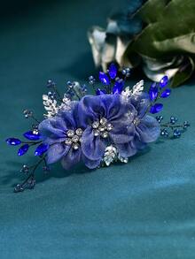 Elegant Blue Organza Flower Bridal Hair Comb Women's Headpiece Suitable For Wedding Party - Blue - View 5