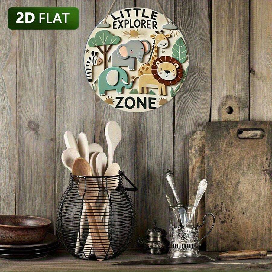 Placa de pared redonda de madera plana 2D vintage "Pequeño Explorador" con tema de jungla, patrón de elefante, jirafa y rinoceronte - Adecuada para habitación de niños, cafetería, bar, decoración estilo jungla - A - Ver 1
