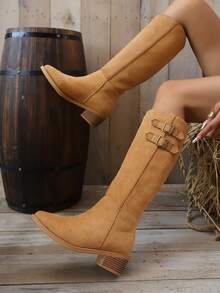 Plus Size Vintage Brown Chunky Heel Mid-Calf Riding Boots For Women Autumn/Winter - Brown - View 2