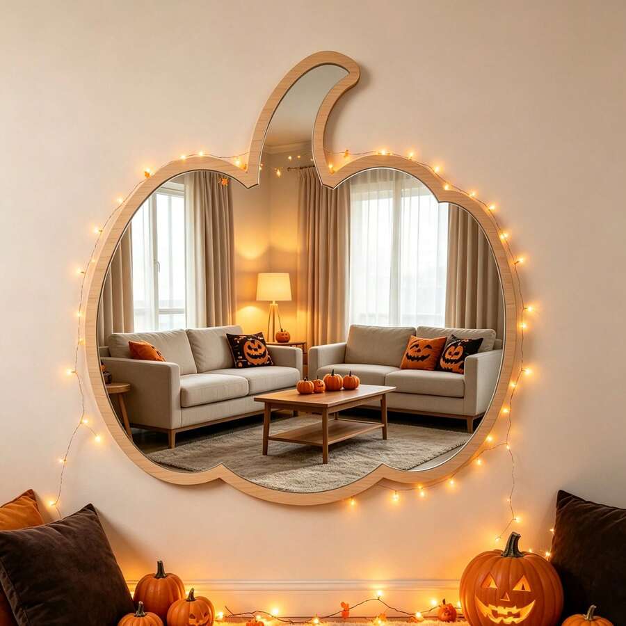 1pc Pumpkin Wooden Frame Acrylic Mirror Wall Sticker, Gold & Silver Dual-Color Self-Adhesive Halloween Decorative Mirror Decal, Suitable For Home Bathroom Bedroom Wall Decor - 1PC - View 1