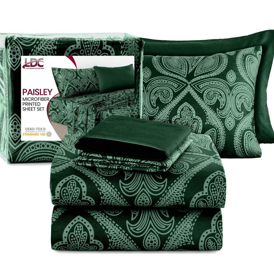Lux Decor 6-Piece Paisley Bed Sheets High GSM Brushed Microfiber Sheets - Elevate Your Sleep Experience With 16-Inch-Deep Pocket Bedding Sheets & Pillowcases- Back To School- Graduation Gift- All Sizes Available- Winter Vibes, Christmas Decor, - 布希格林 - 查看 1