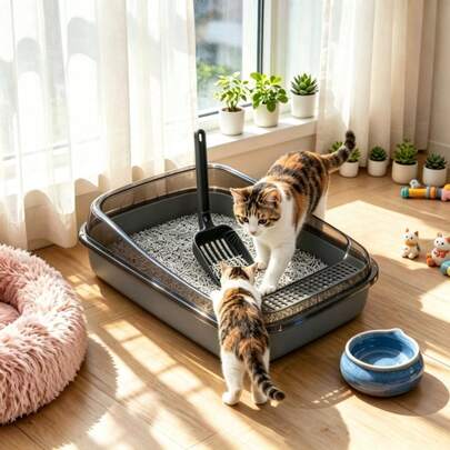 Caja de arena para gatos cuadrada abierta, esencial para el cuidado de gatitos, caja de arena con paredes altas anti-derrames, con poste rascador desmontable para gatos, bandeja abierta fácil de limpiar, inodoro de plástico resistente para gatos, con pala para arena de gato, caja de arena temporal, viaje de mascotas