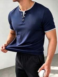 ZYNTH BALENO Kaos Pria Musim Panas 2 in 1 Model Pas Badan dengan Kerah Henley di Bahu, Cocok untuk Olahraga Musim Panas - Navy Blue - View 3