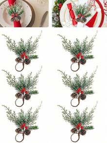 4pcs Christmas Snowflake, Pine Needle & Pine Cone Napkin Rings, Table Decor With Cedar And Red Berries, Suitable For Christmas, Thanksgiving, Christmas Eve And Themed Party Decoration - Multicolor - View 1