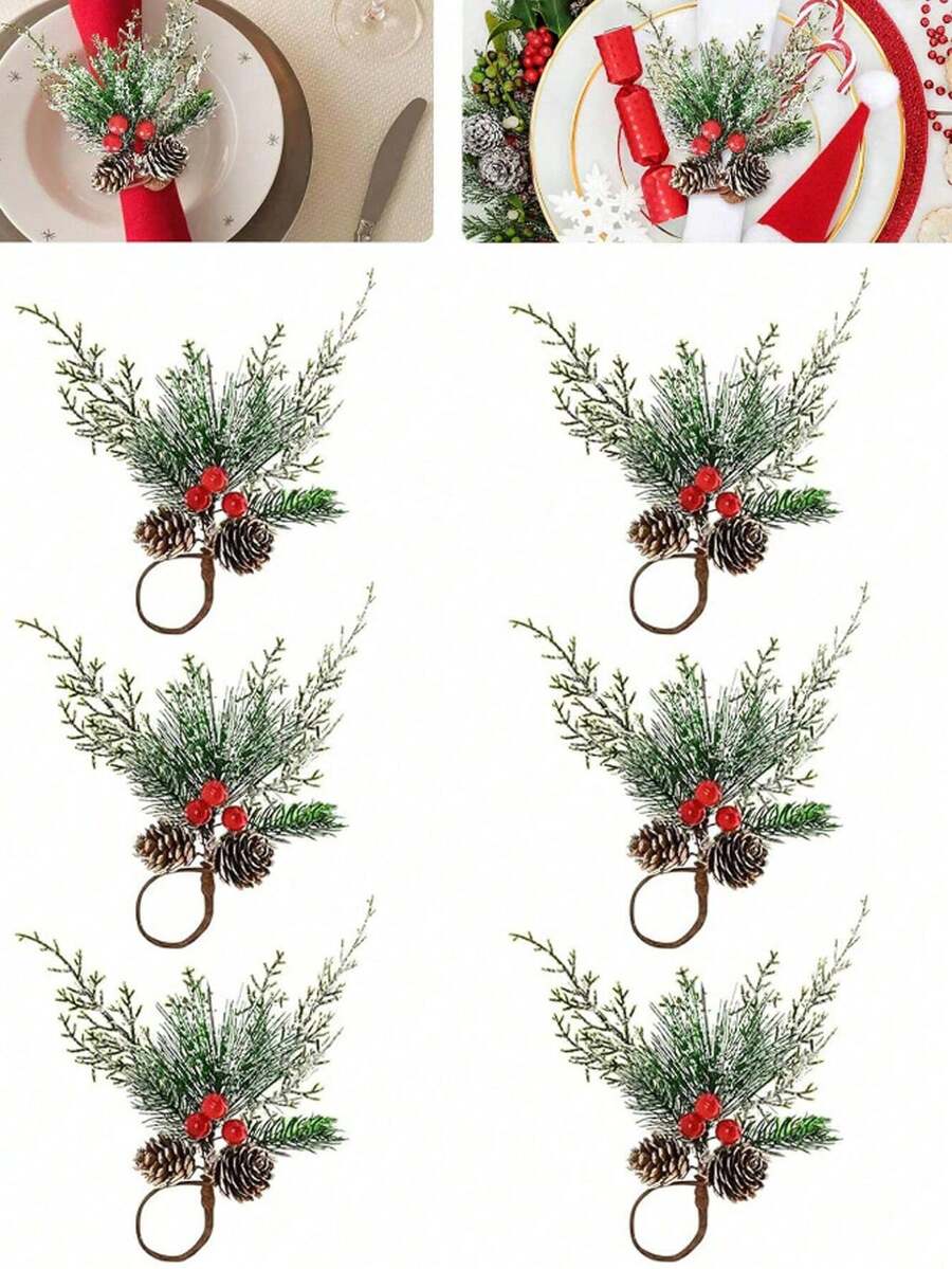 4pcs Christmas Snowflake, Pine Needle & Pine Cone Napkin Rings, Table Decor With Cedar And Red Berries, Suitable For Christmas, Thanksgiving, Christmas Eve And Themed Party Decoration - Multicolor - View 1