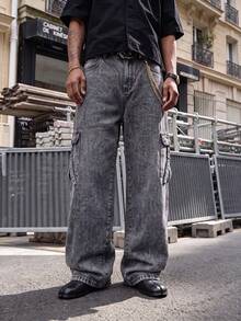 Charcoal Gray Snowflake Washed Denim Jeans For Men, Side Multi-Pocket Ribbon Buckle Decor Loose Straight Leg Denim Pants - Dark Grey - View 4
