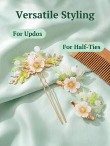 1PC/4PCS Geometric Pattern Casual Iron Alloy Flower Print Bohemian Zinc Alloy Princess Hair Accessory Super Fairy Girl Flower Pearl Hair Stick Headpiece - Multicolor - View 3