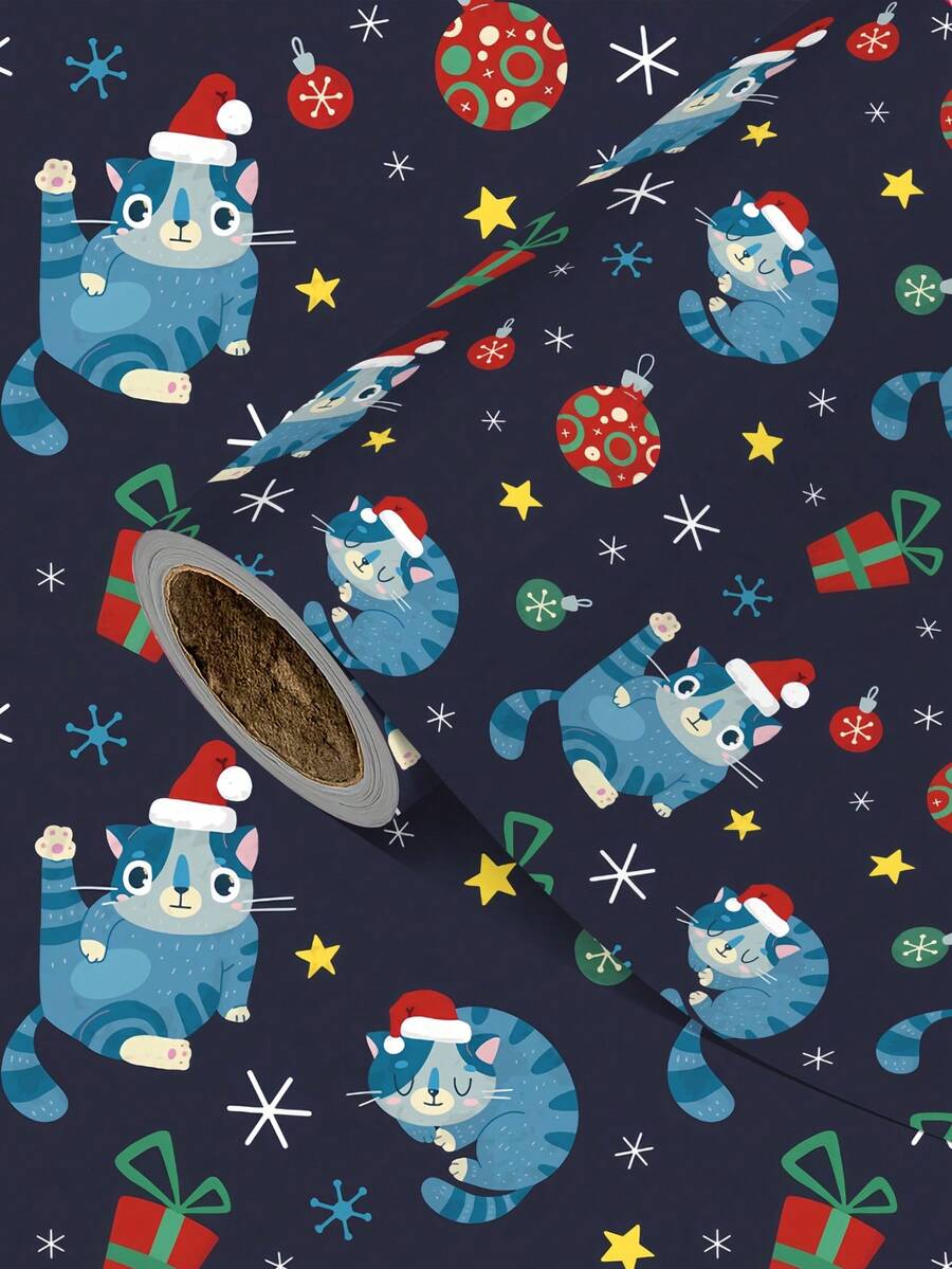 1 Roll Christmas Gift Wrapping Paper, Featuring A "Christmas Blue Cat" Theme; Perfect For Wrapping Christmas Gifts, Decorating For Christmas Parties, And Holiday Gift-Giving.1 Roll Size: 43 Cm X 300 Cm. - A - View 1