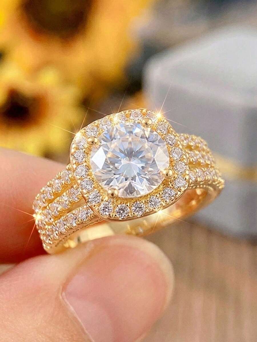 1 pieza Anillo de cobre cuadrado de lujo con múltiples filas de circonita densamente engastada, diseño exagerado, adecuado para el uso diario de la mujer, como regalo o alternativa de anillo de boda - Dorado - Ver 1