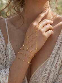 2pcs Gold Bead Mesh Finger Chain Bracelet Set, Exquisite Small Gold Bead Mesh Finger Jewelry, Multi-Layer Stackable Elegant Thin Bracelet Hand Accessory Set For Women - Mesh - View 1