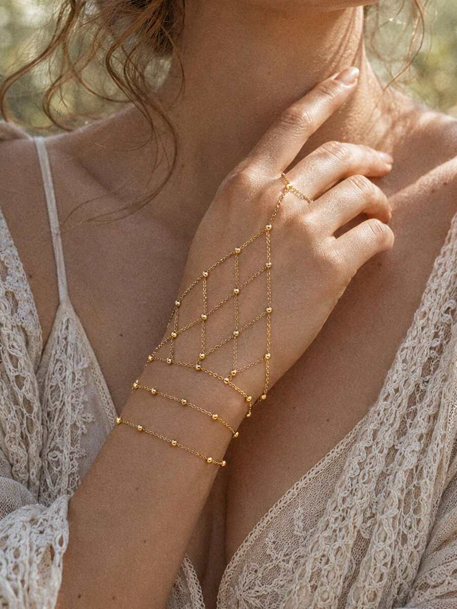 2pcs Gold Bead Mesh Finger Chain Bracelet Set, Exquisite Small Gold Bead Mesh Finger Jewelry, Multi-Layer Stackable Elegant Thin Bracelet Hand Accessory Set For Women - Mesh - View 1
