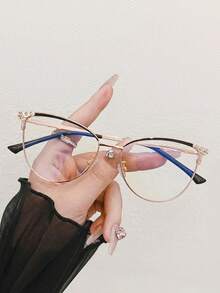 1 Pair Of Women's Fashionable Diamond Studded Metal Frame Transparent Lens Glasses With Cat Eye Design And Multifunctional Design - 026 Black Gold - View 12